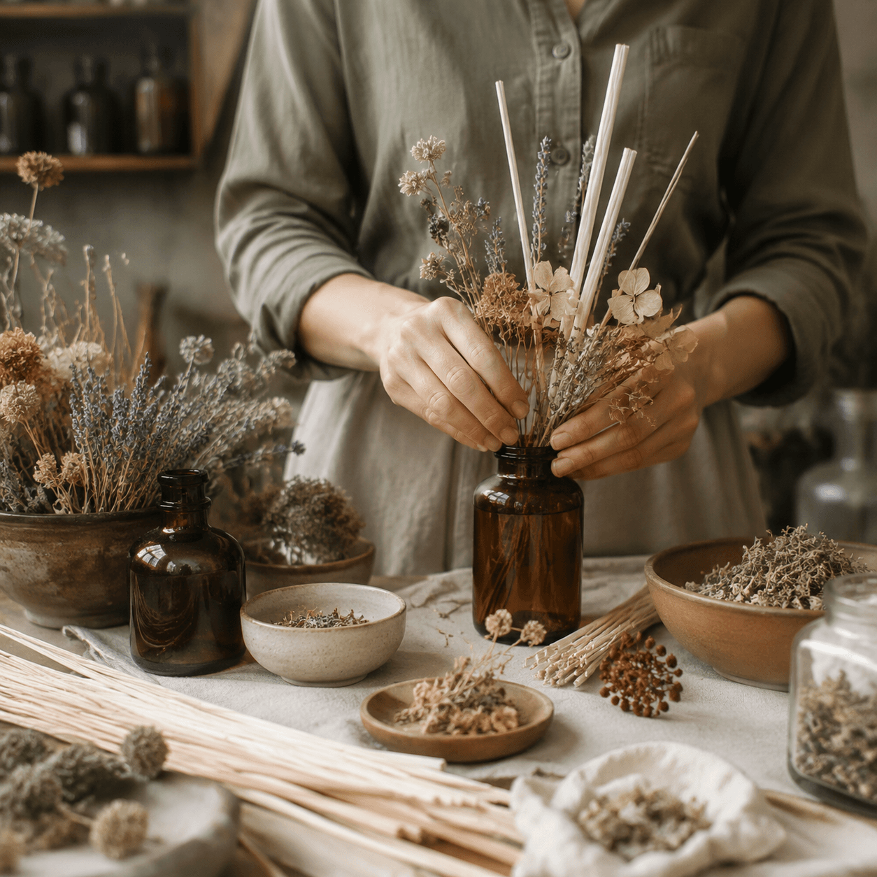 Artisan arranging dried flowers and reeds at a worktable