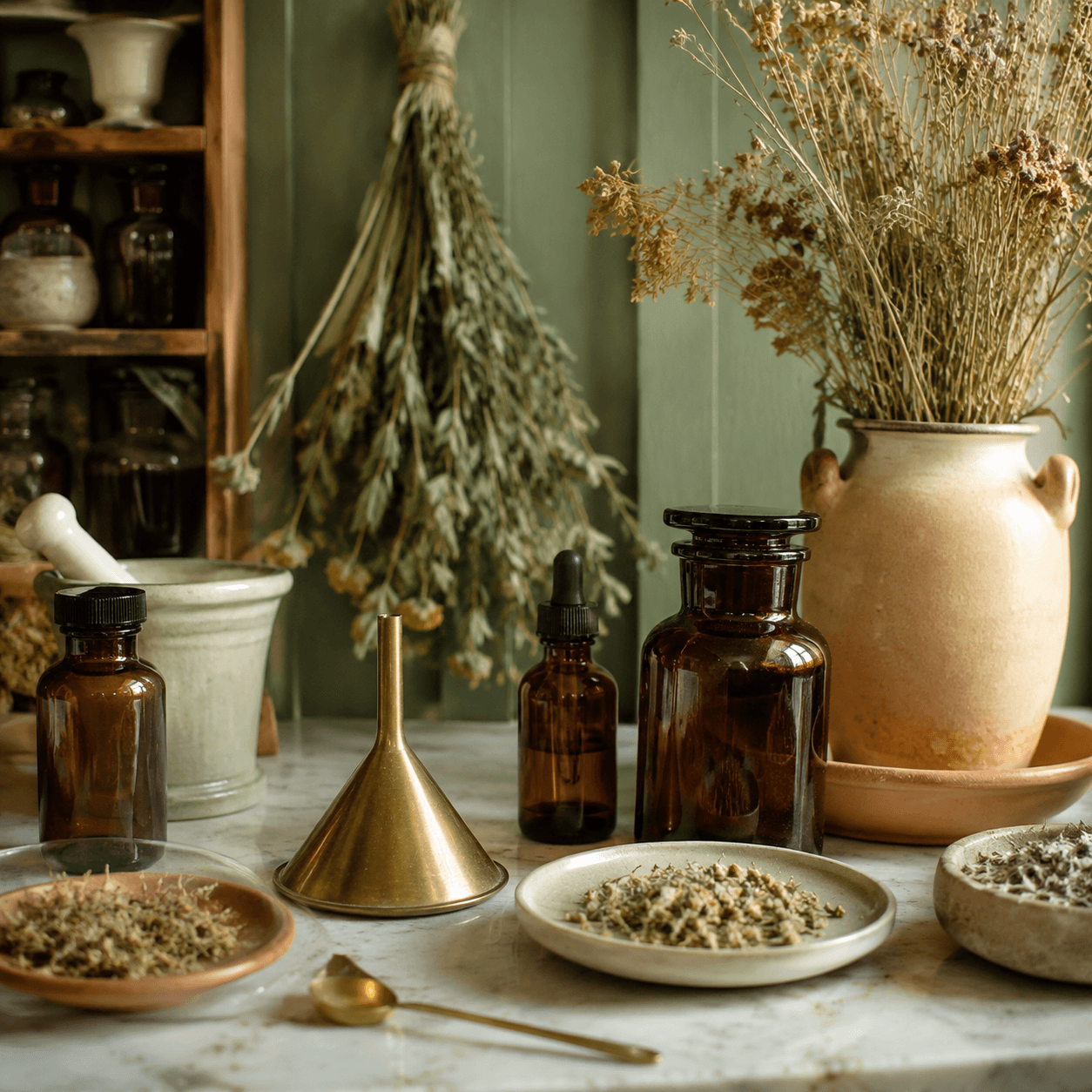 Apothecary workbench with amber bottles and dried herbs